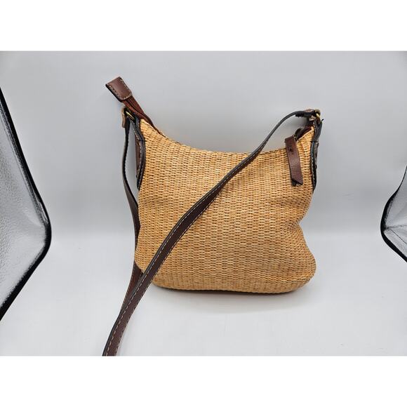 Vintage Fossil Women's Jute Crossbody Shoulder Bag‎ Tan Leather Strap Accents - Picture 7 of 9